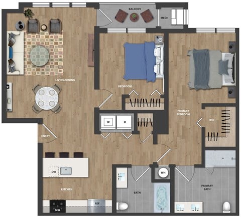 Floor plan for 2 beds, 2 baths, 1026 sqft